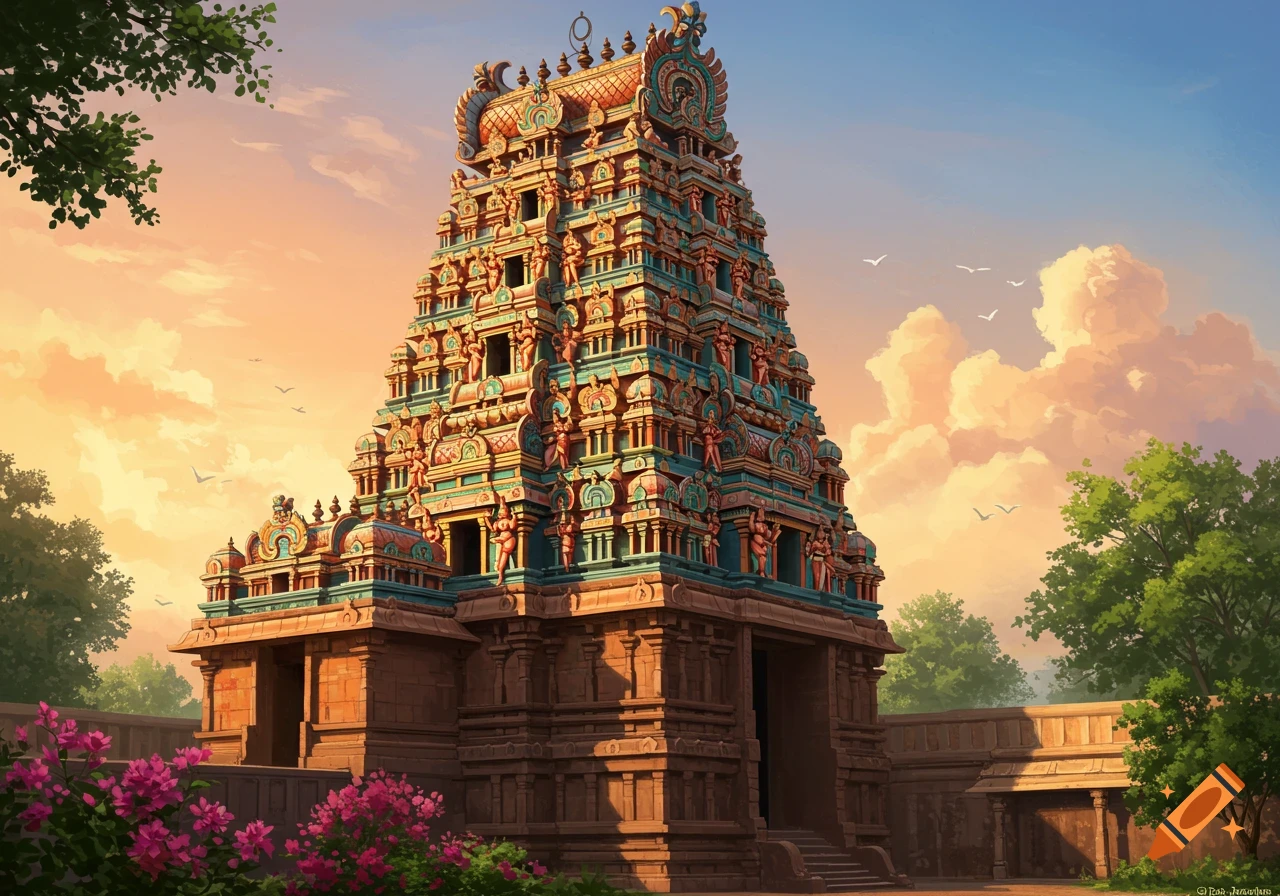 A highly detailed, colorful Hindu temple at sunset, surrounded by lush green trees and pink flowers.