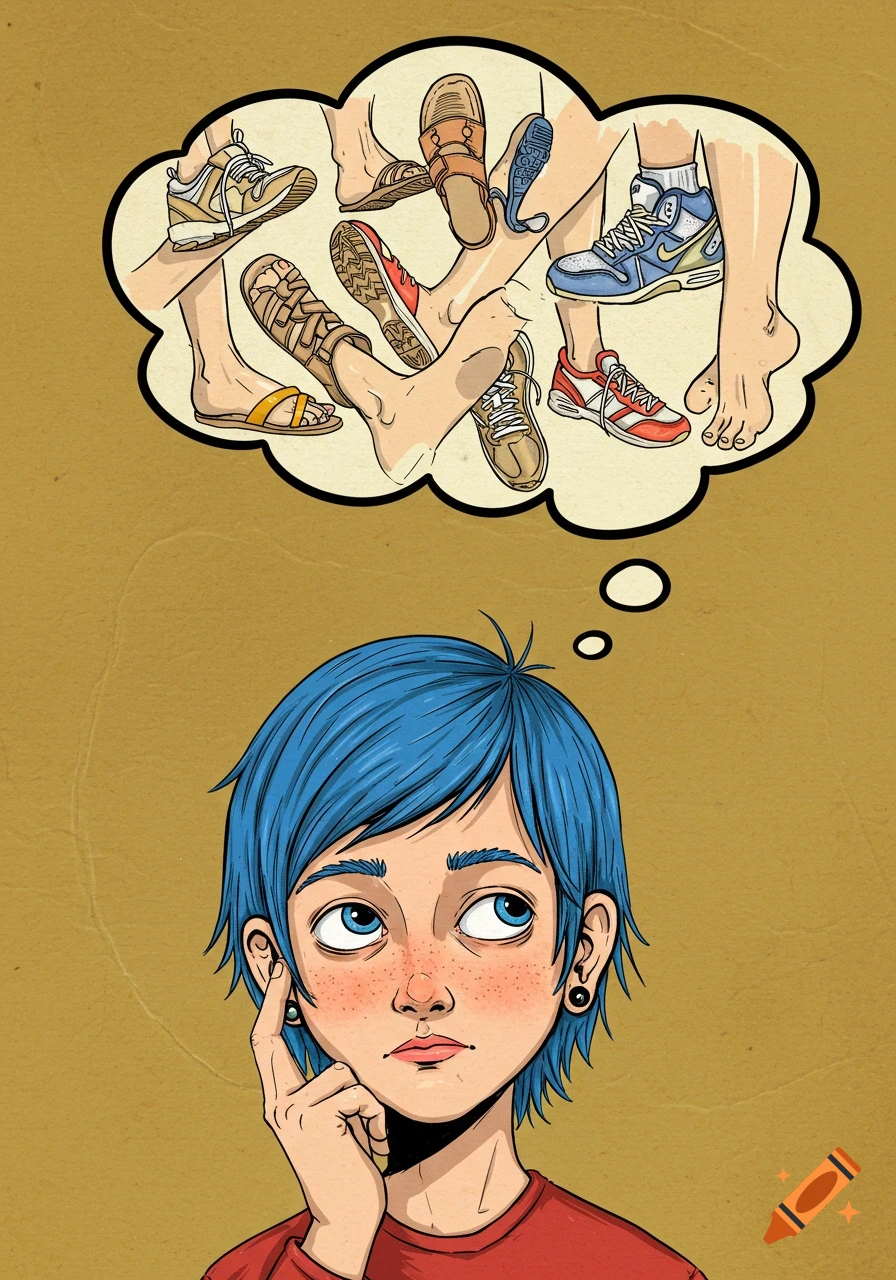 Illustration of a blue-haired person looking up, with a thought bubble above their head containing various feet and shoes.