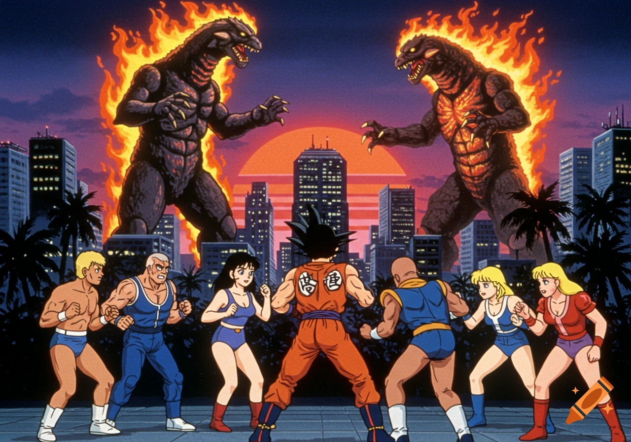 Anime characters including Goku face off against each other as two fiery Godzilla-like kaiju battle in a retro-futuristic city at sunset.
