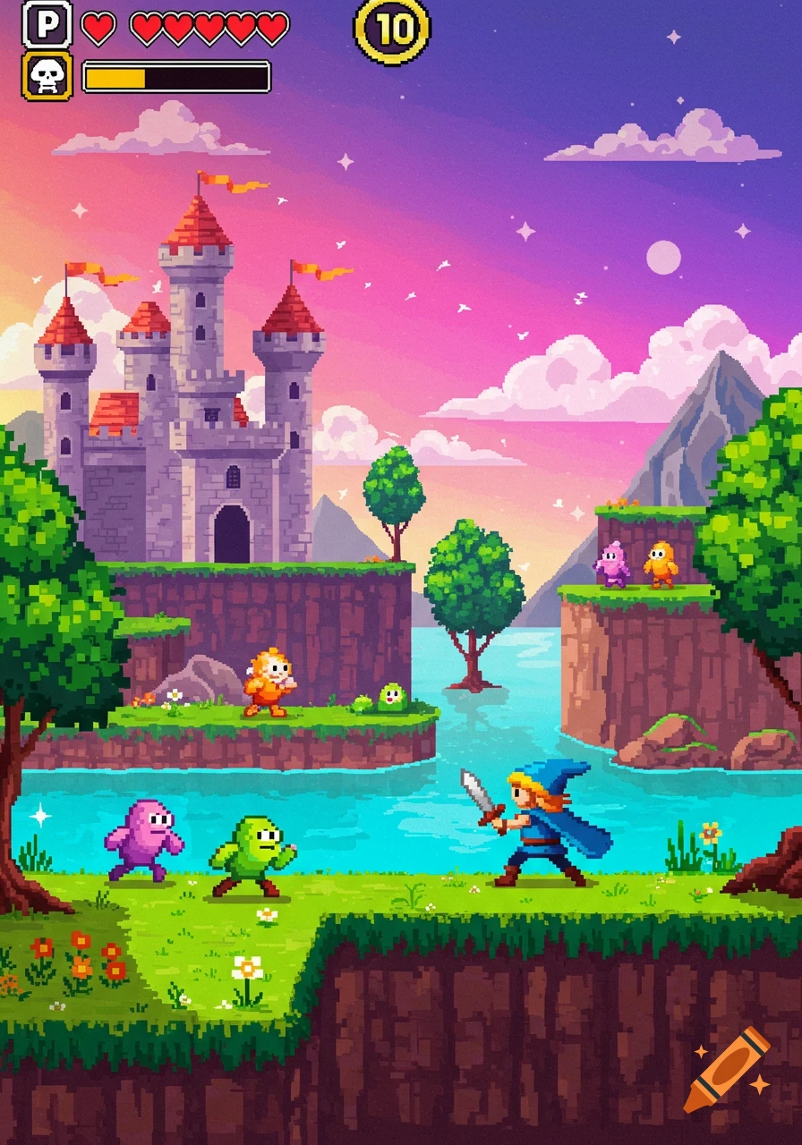 Pixel art video game scene of a hero with a sword battling cartoon monsters in a vibrant fantasy landscape with a castle and floating islands.