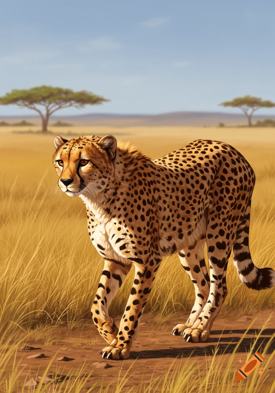 A cheetah walks through tall golden grass in a sunlit savanna with distant acacia trees under a clear blue sky. Digital art.