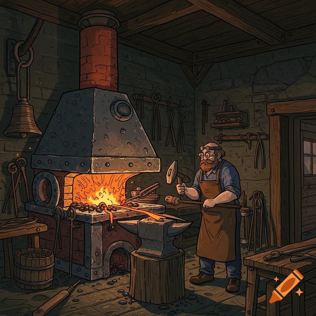 A bearded blacksmith in an apron hammers glowing metal on an anvil in a warmly lit, rustic workshop with a large forge. Illustrated style.