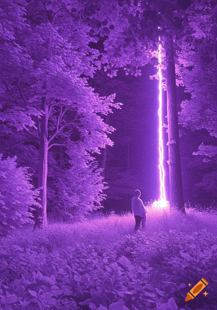 A person stands in a vibrant purple forest, gazing at a glowing pinkish-purple light beam ascending into a tree.