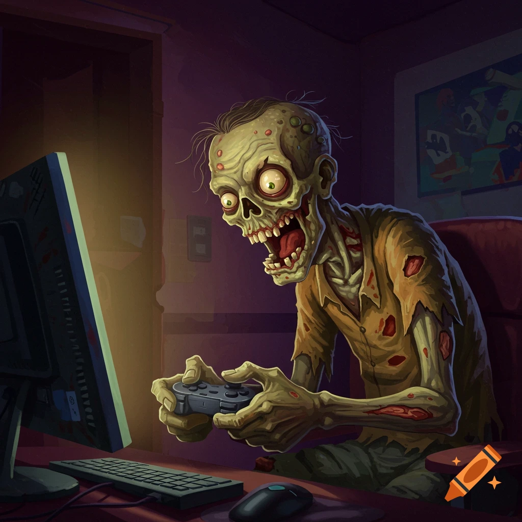 A grotesque, cartoonish zombie with glowing eyes intently plays video games on a computer in a dark room.