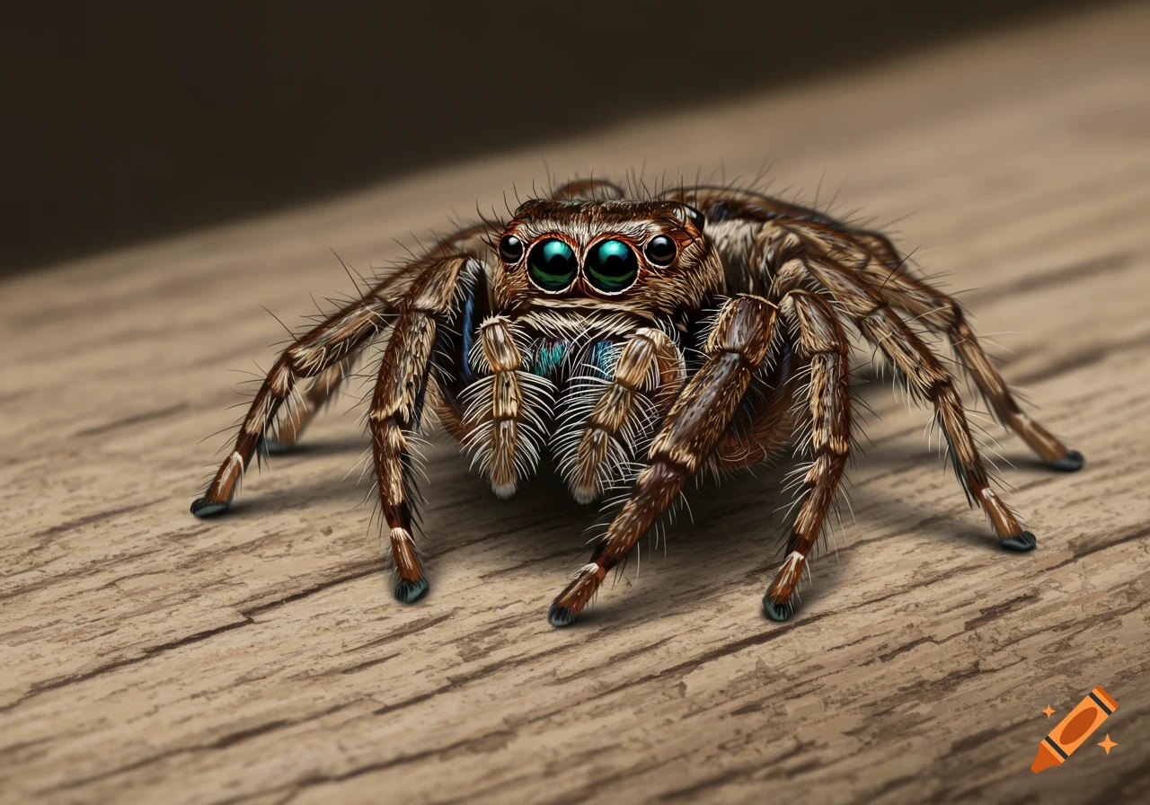 A close-up, photorealistic image of a brown jumping spider with large, iridescent green eyes, sitting on a wooden surface.