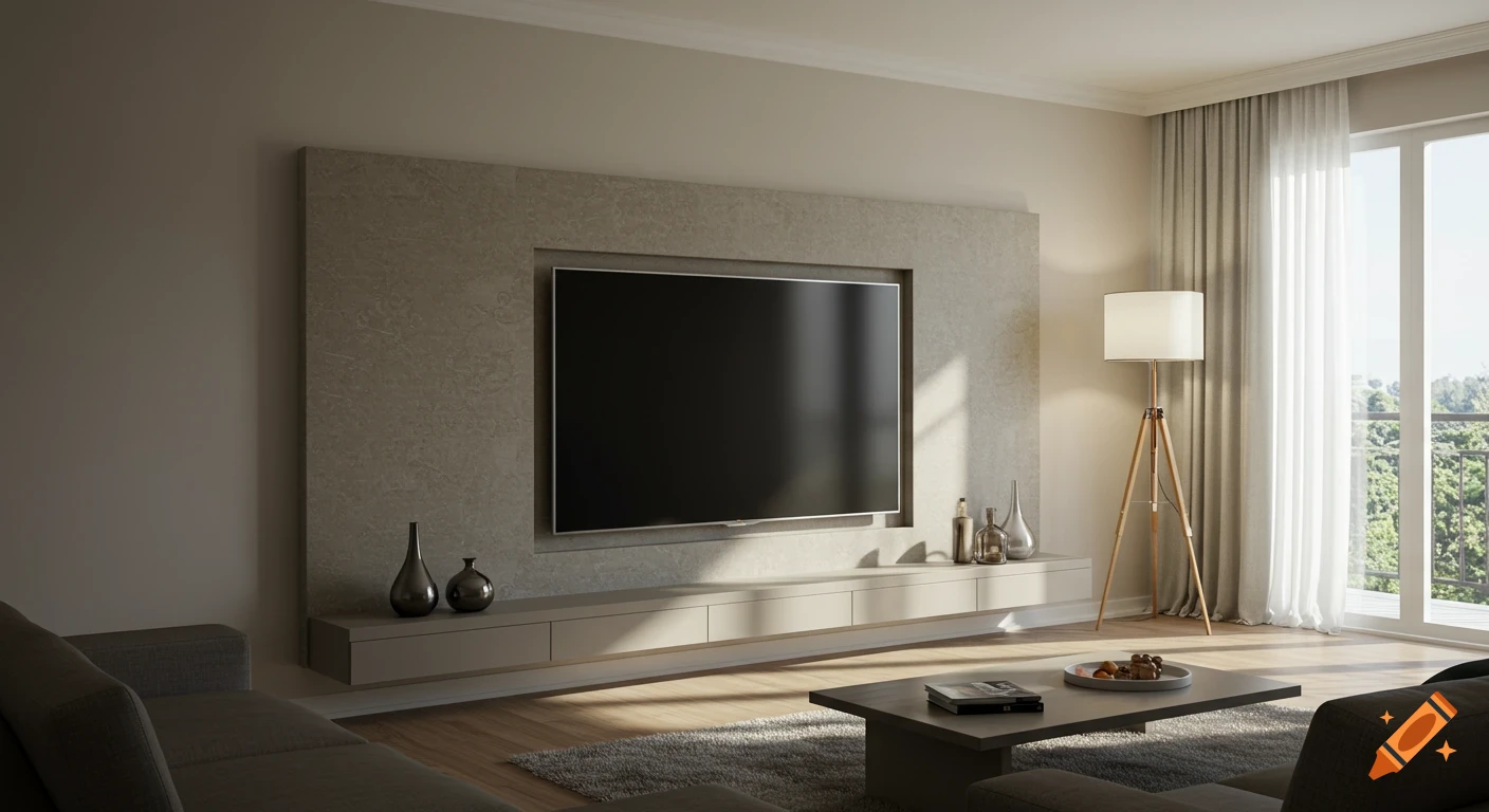 A modern living room with a large TV mounted on a sleek wall unit, a sofa, coffee table, floor lamp, and a bright window.