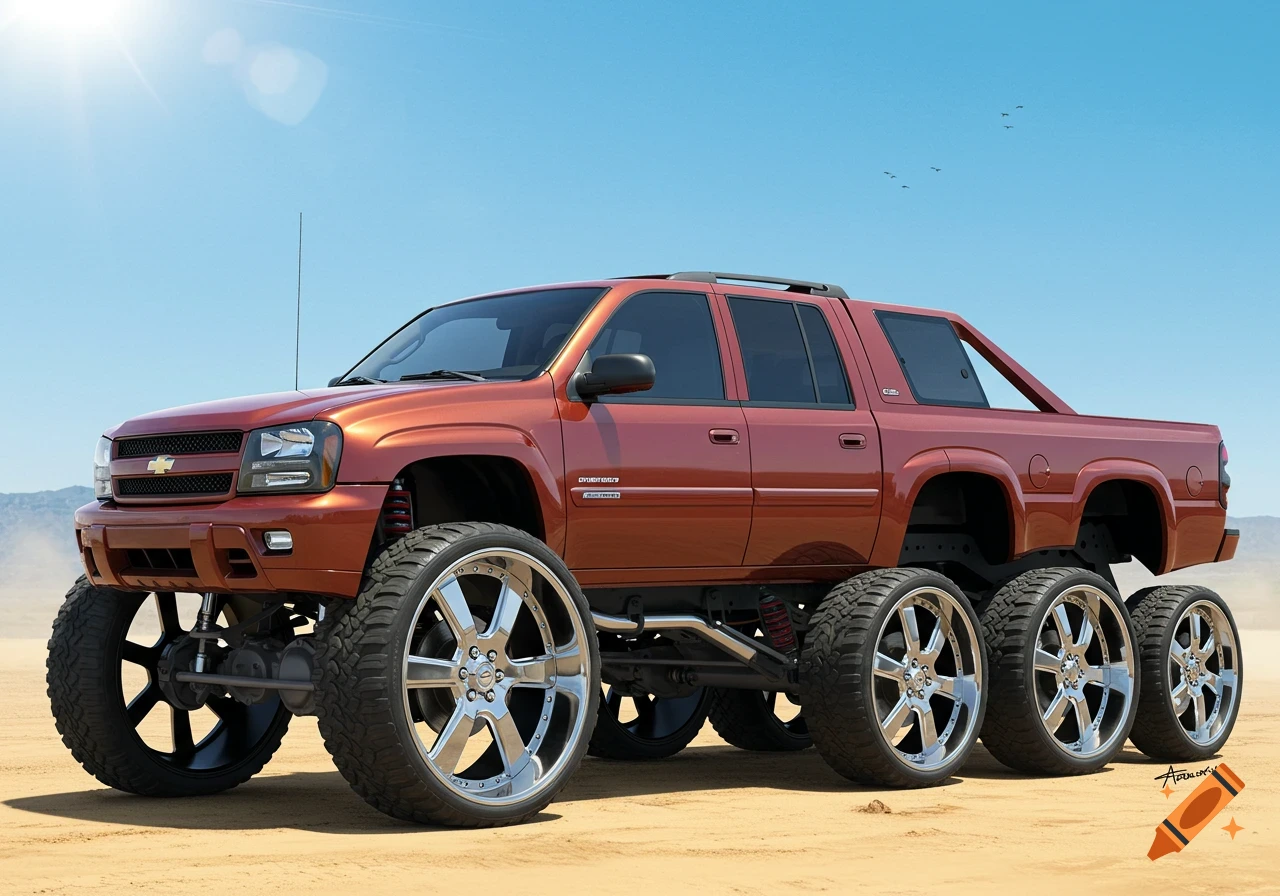 A photorealistic image of a custom orange Chevrolet Trailblazer XL pickup truck with six large wheels, standing on a sandy desert under a clear sky.