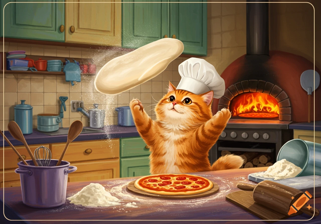 Cartoon ginger cat chef tossing pizza dough in a kitchen with a brick oven.