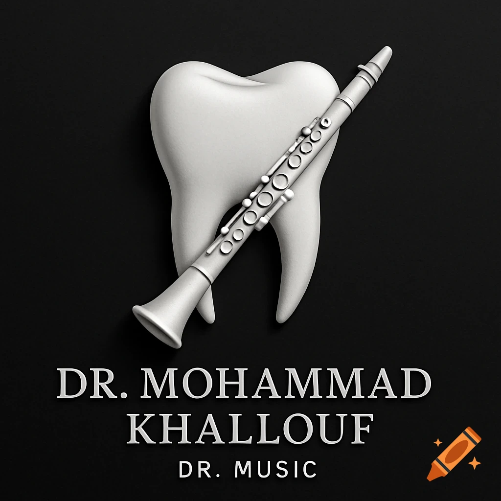 A 3D logo featuring a white tooth with a clarinet resting on it, on a black background. Text reads 'DR. MOHAMMAD KHALLOUF DR. MUSIC'.