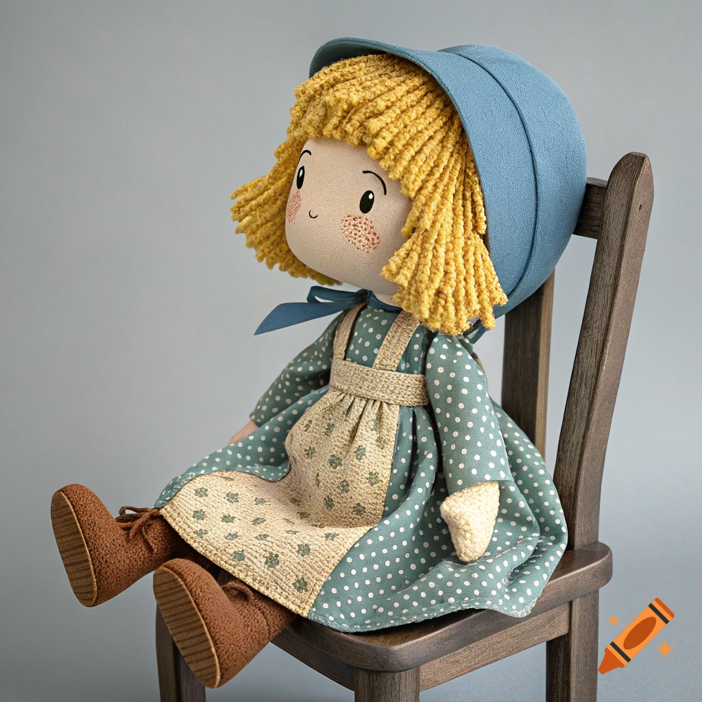 A profile of a stuffed doll with yellow yarn hair, blue bonnet, green polka dot dress, and brown boots, sitting in a wooden chair.