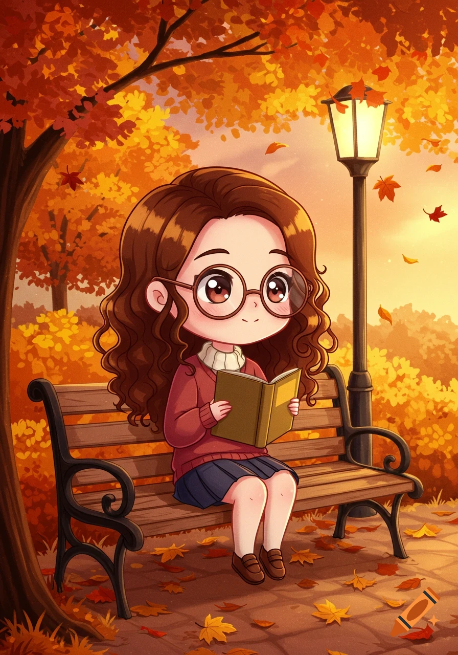 A cute chibi nerdy girl with long brown curly hair and glasses sits on a park bench reading a book in a vibrant autumn scene with a lamppost and fallen leaves.