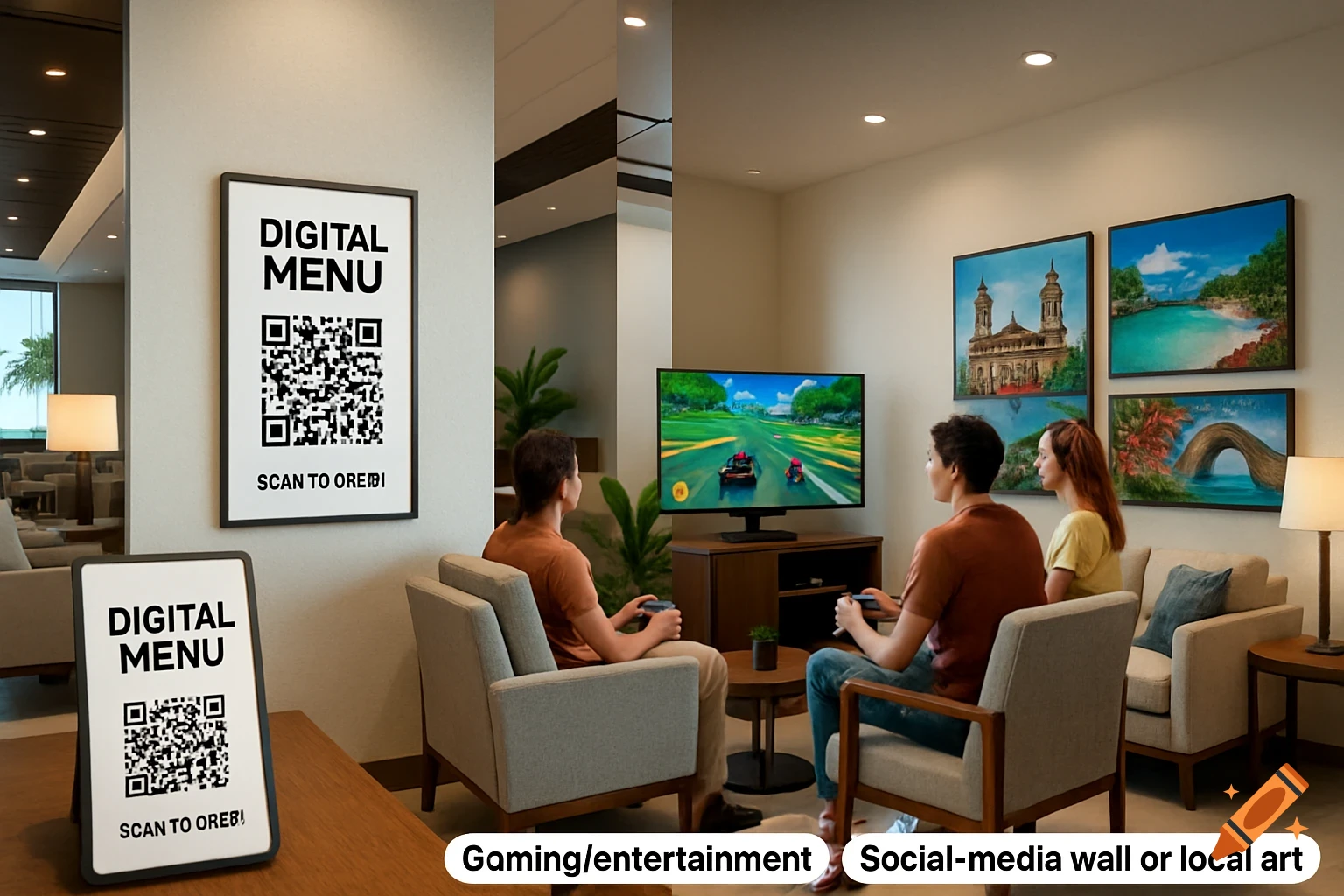 A modern executive lounge featuring digital menu signs with QR codes, two people playing a racing video game on a TV, and a wall adorned with framed landscape and architecture paintings.