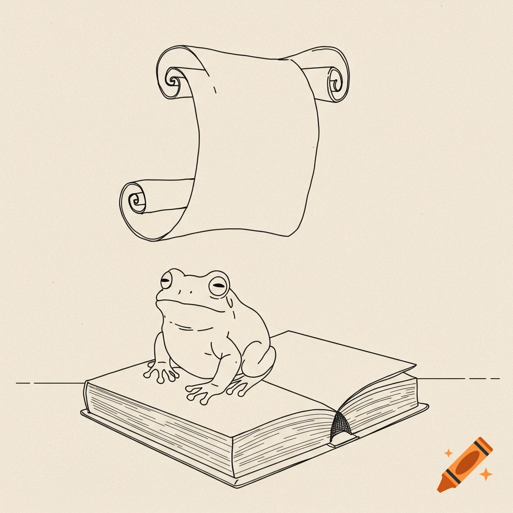Simple line drawing of a frog with closed eyes on an open book, with an unfurled scroll floating above.