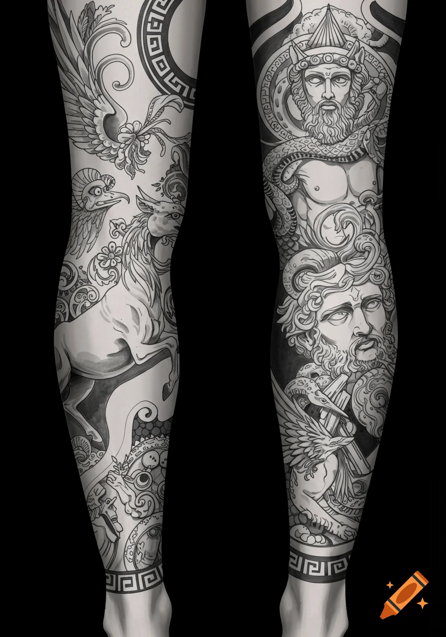 Detailed black and white Greek mythology-inspired full leg tattoos featuring gods, mythical creatures, and meander patterns.