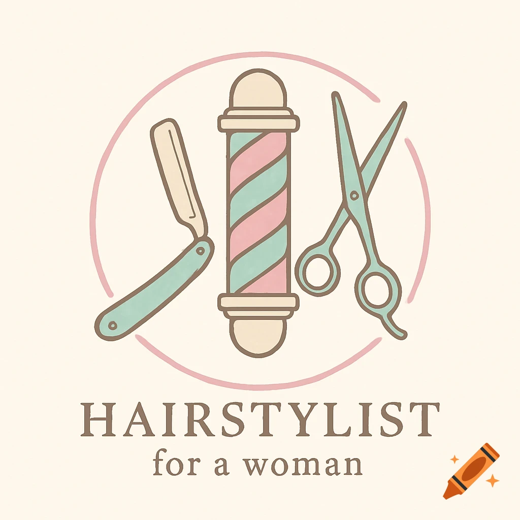 Minimalist hairstylist logo with a barber pole, straight razor, and scissors in pastel colors, enclosed in a pink circle, with text 'HAIRSTYLIST for a woman'.