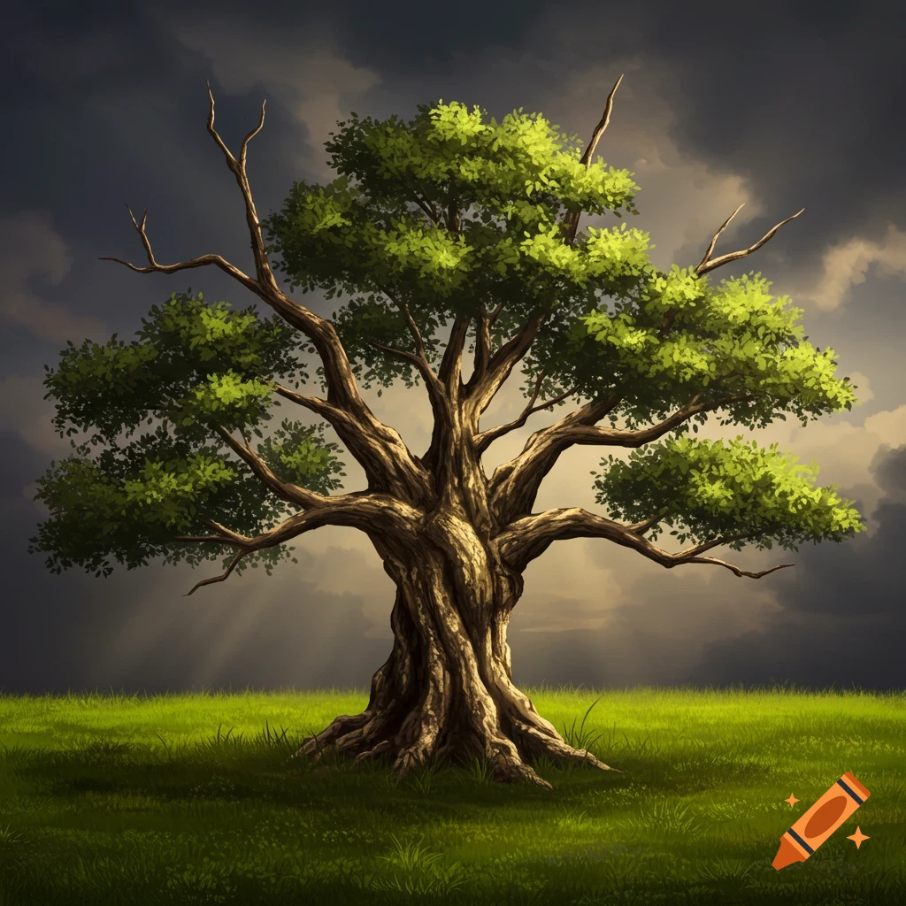 An old, gnarled tree with green leaves stands in a grassy field under a dark, cloudy sky with rays of light breaking through.