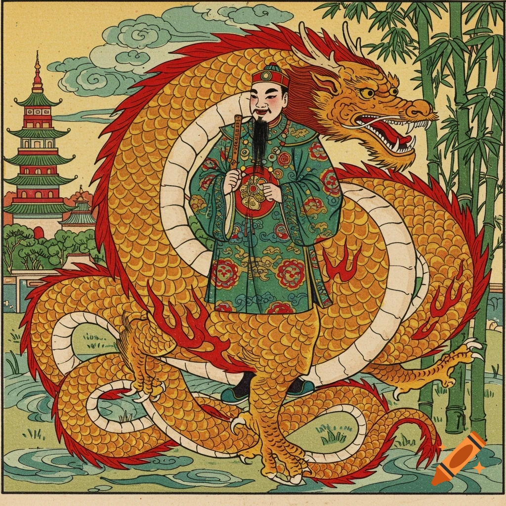A man in traditional Chinese robes stands within the coiled body of a golden Chinese dragon, with a pagoda and bamboo in the background. Illustrated in a 1920s style.