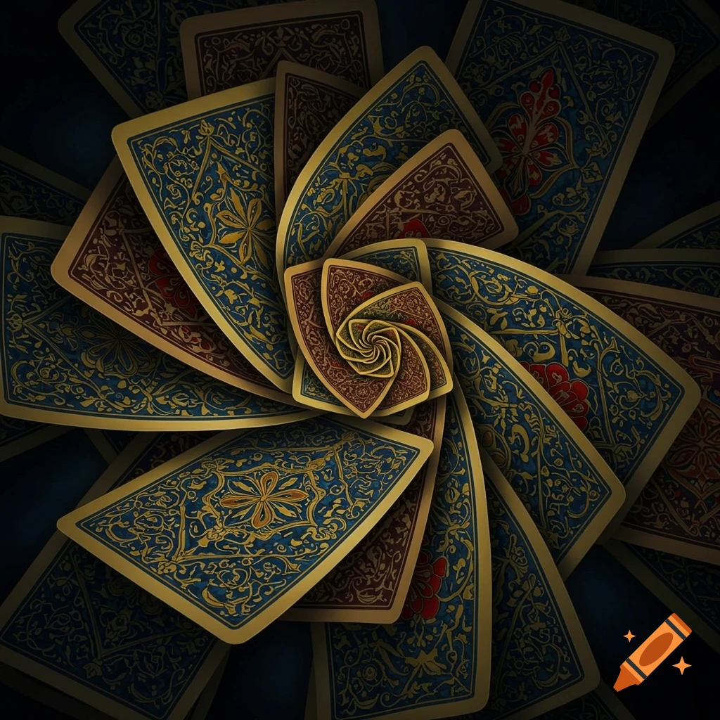 A swirling pattern of playing card backs with intricate gold and blue arabesque designs.