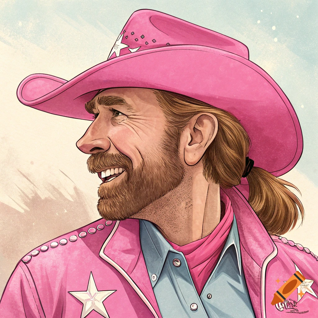 Cartoon illustration of Chuck Norris in a pink cowboy hat and pink jacket, smiling.