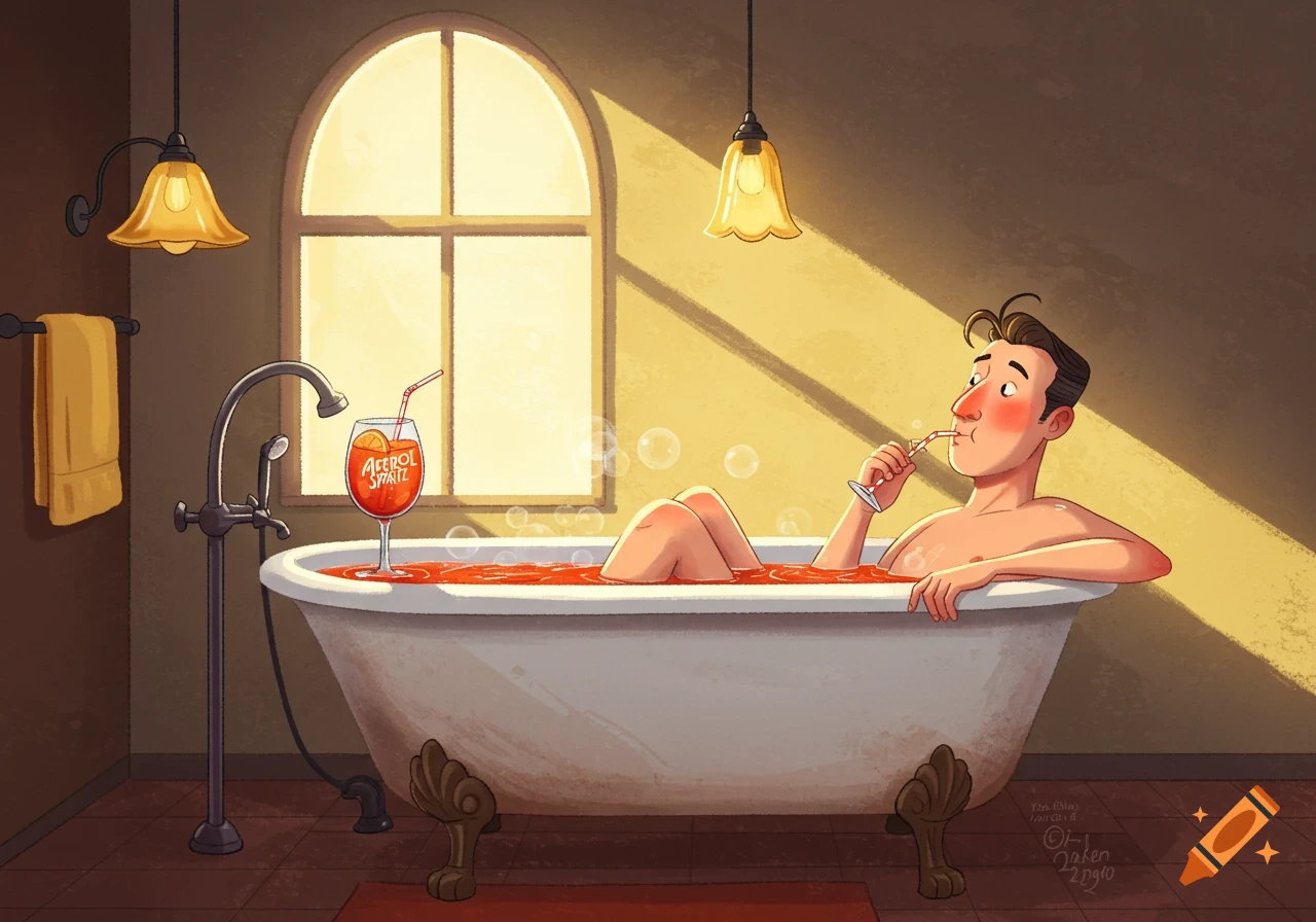 A cartoon man relaxes in a bathtub filled with orange liquid, sipping it through a straw. A large glass of Aperol Spritz sits on the tub's edge.