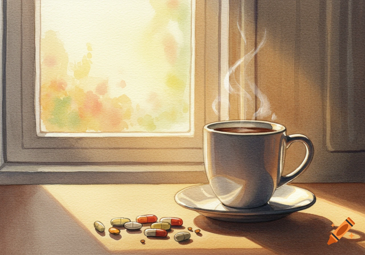 A steaming cup of coffee next to scattered pills on a sunlit table by a window, in a watercolor style.