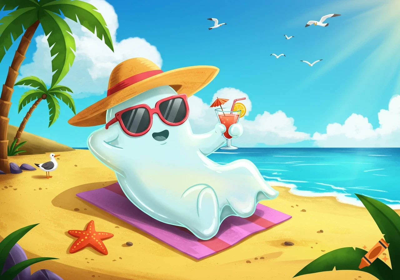 A cute cartoon ghost with sunglasses sunbathing on a beach towel, holding a cocktail. Palm trees and seagulls are in the background.
