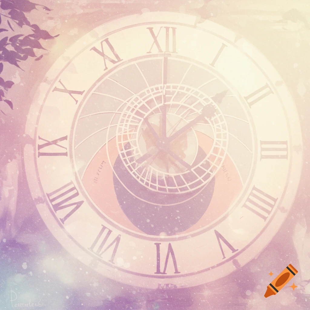 A pastel-toned image of an ornate clock face with Roman numerals, featuring intricate gears and a dreamy, hazy aesthetic.