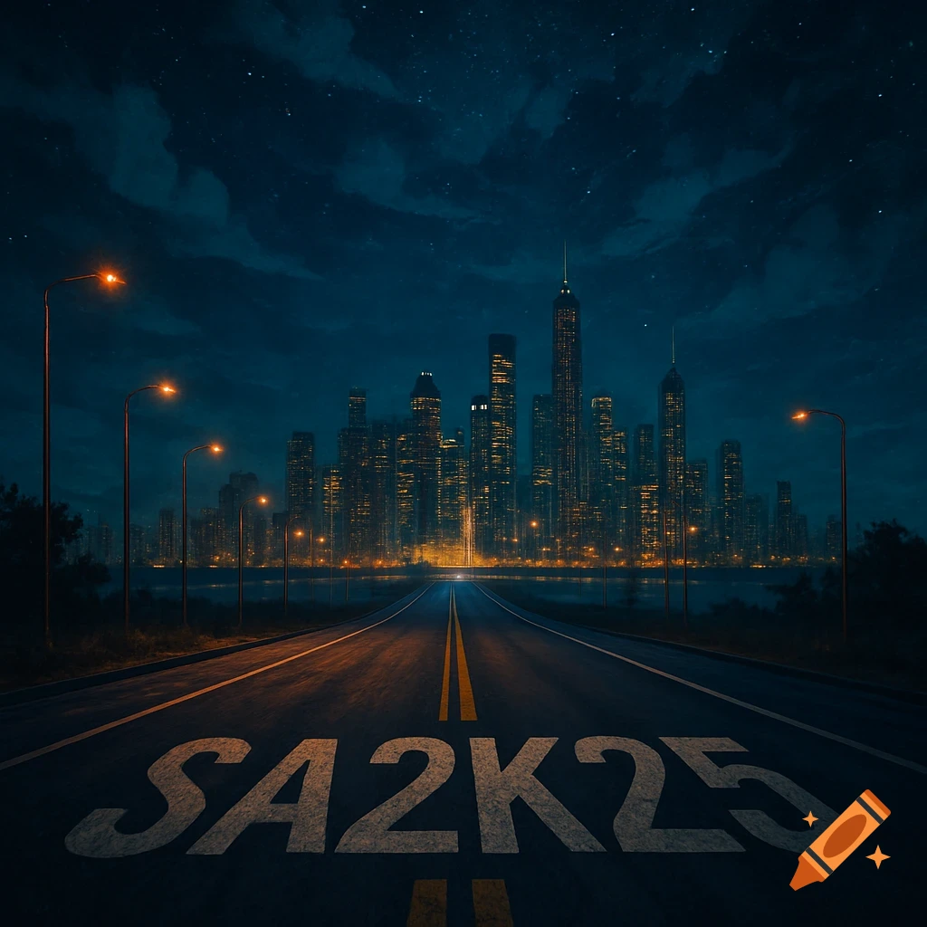 A nighttime view of a city skyline from a road with SA2K25 written on it, under a starry sky.