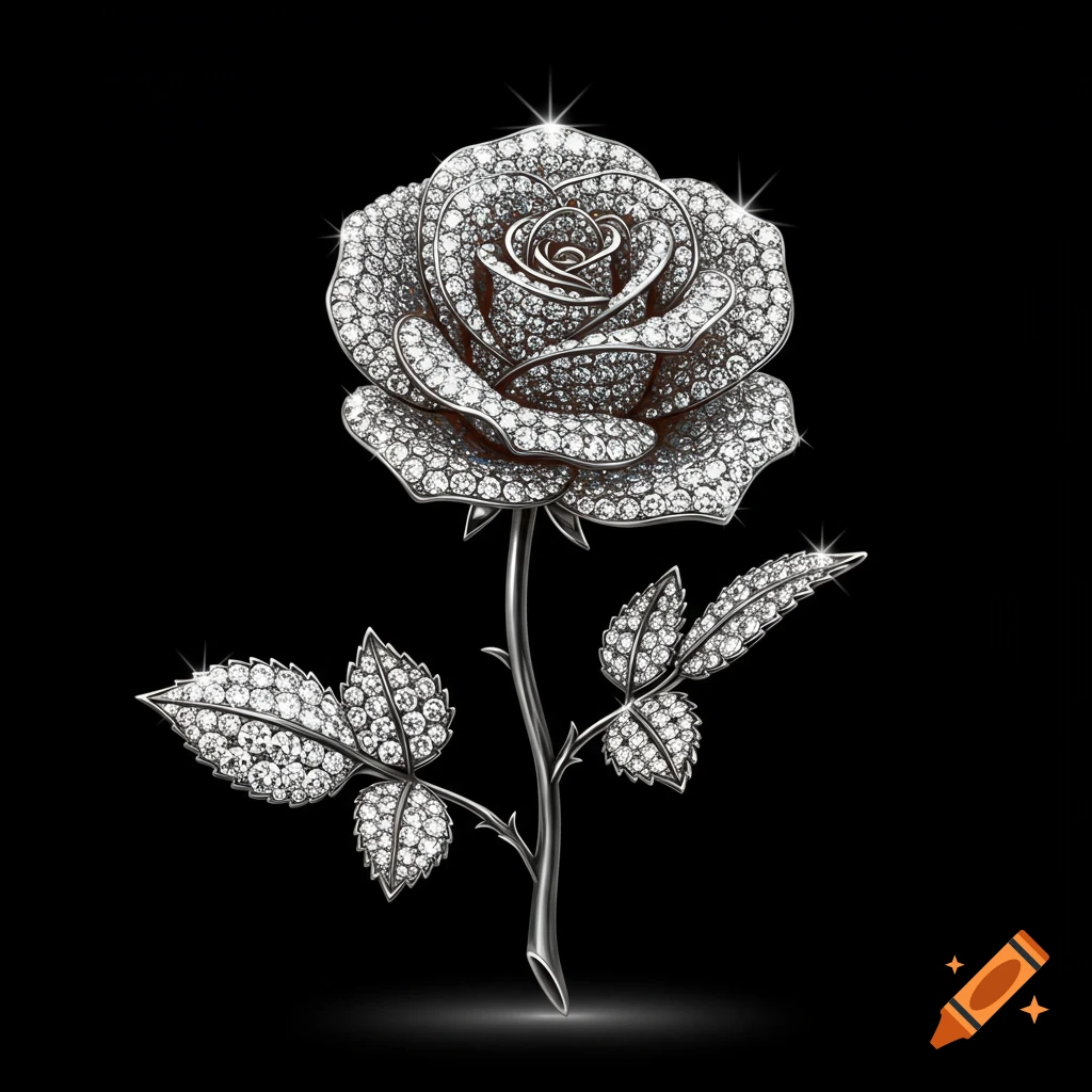 A glittering silver rose brooch adorned with numerous sparkling diamonds on a black background.