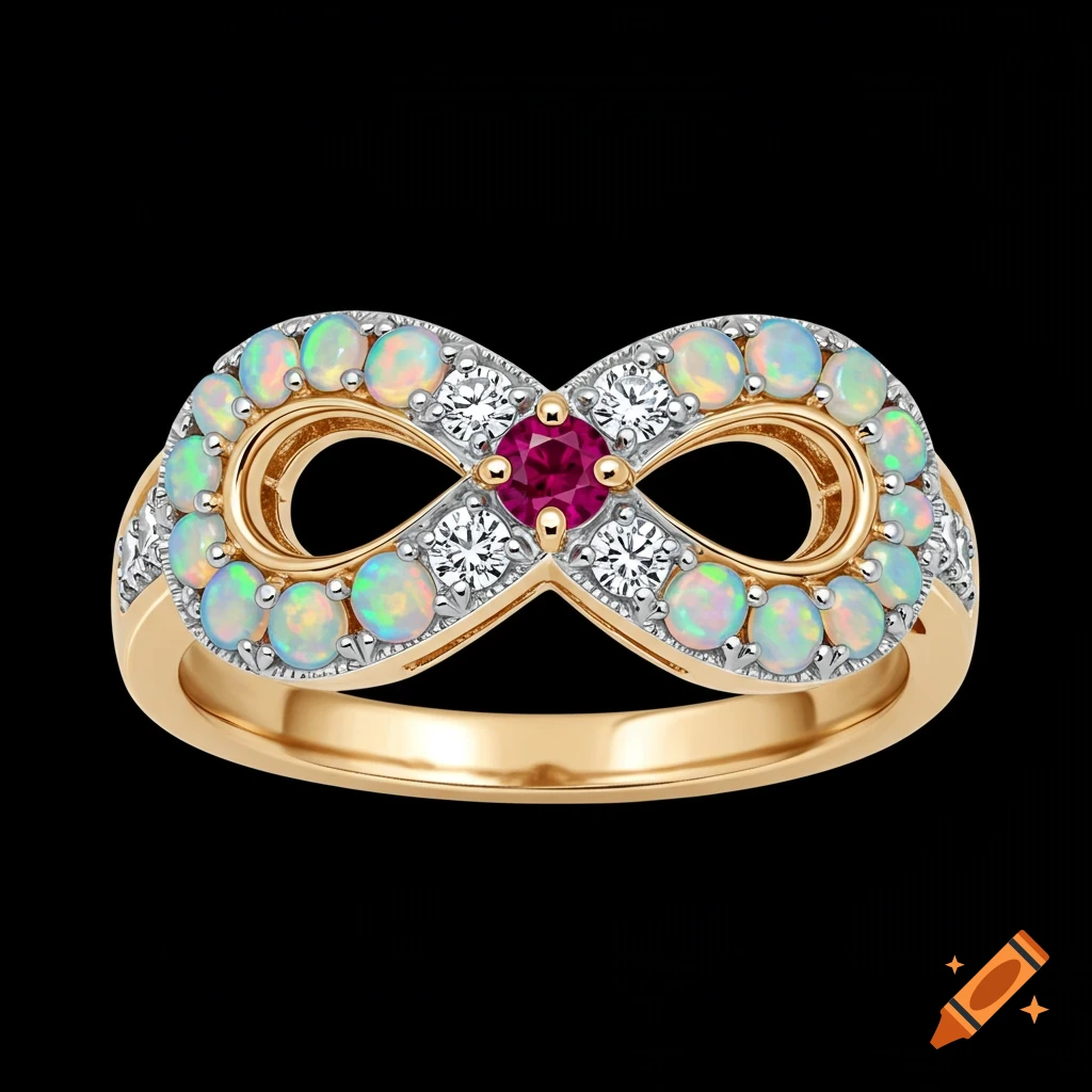 A gold ring featuring an infinity symbol adorned with opals, diamonds, and a central ruby, set against a black background.