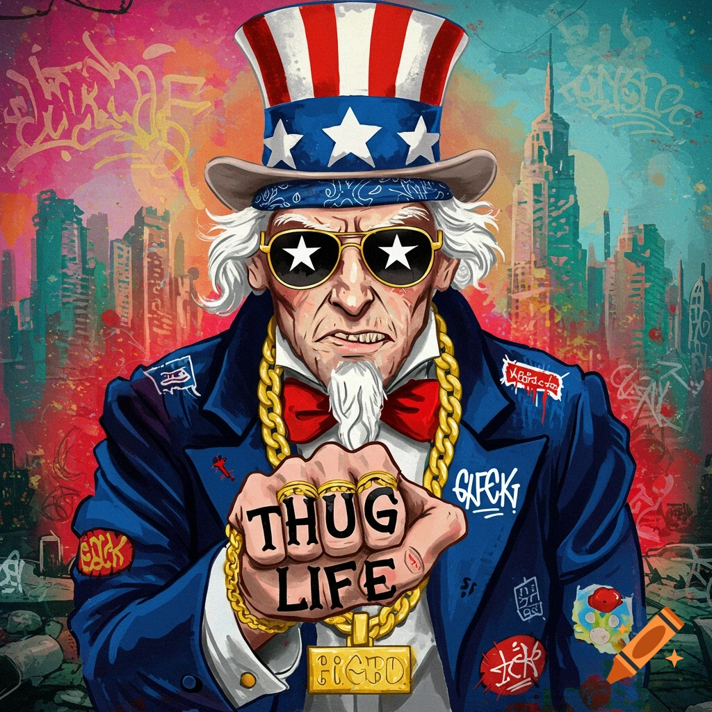 An Uncle Sam character, stylized in a pop art/graffiti manner, wears a top hat, star-spangled sunglasses, a gold chain, and a red bowtie, with 'THUG LIFE' written on his knuckles. A cityscape is in the background.