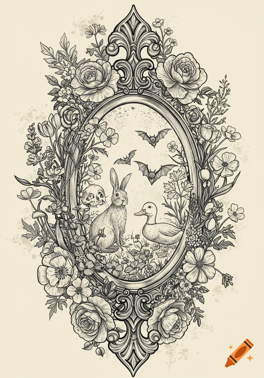 Monochrome gothic illustration featuring a rabbit, duck, bats, and a skull within an ornate oval frame surrounded by detailed roses, tulips, and wildflowers.