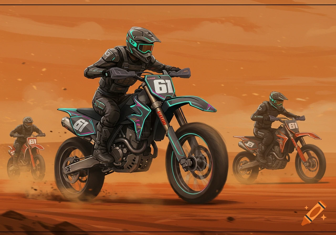 Three futuristic dirt bike riders race across an orange desert landscape, depicted in a stylized, illustrative art style.