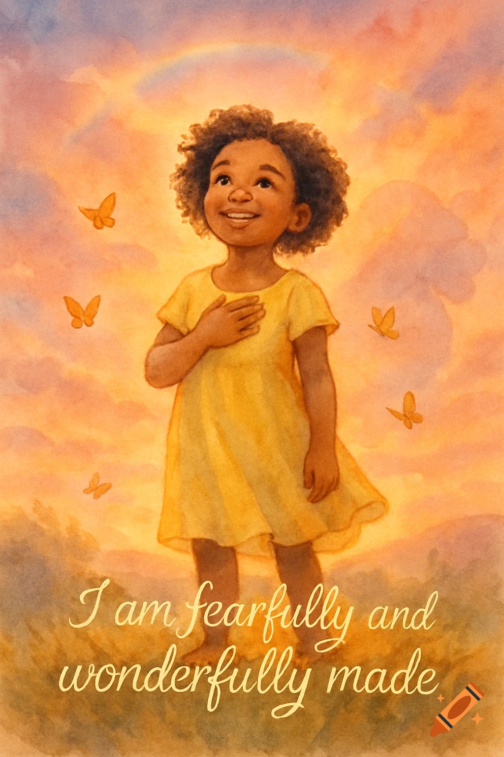 Watercolor illustration of a joyful young Black girl in a yellow dress looking up at a sunset sky with butterflies and a rainbow. Text reads 'I am fearfully and wonderfully made'.