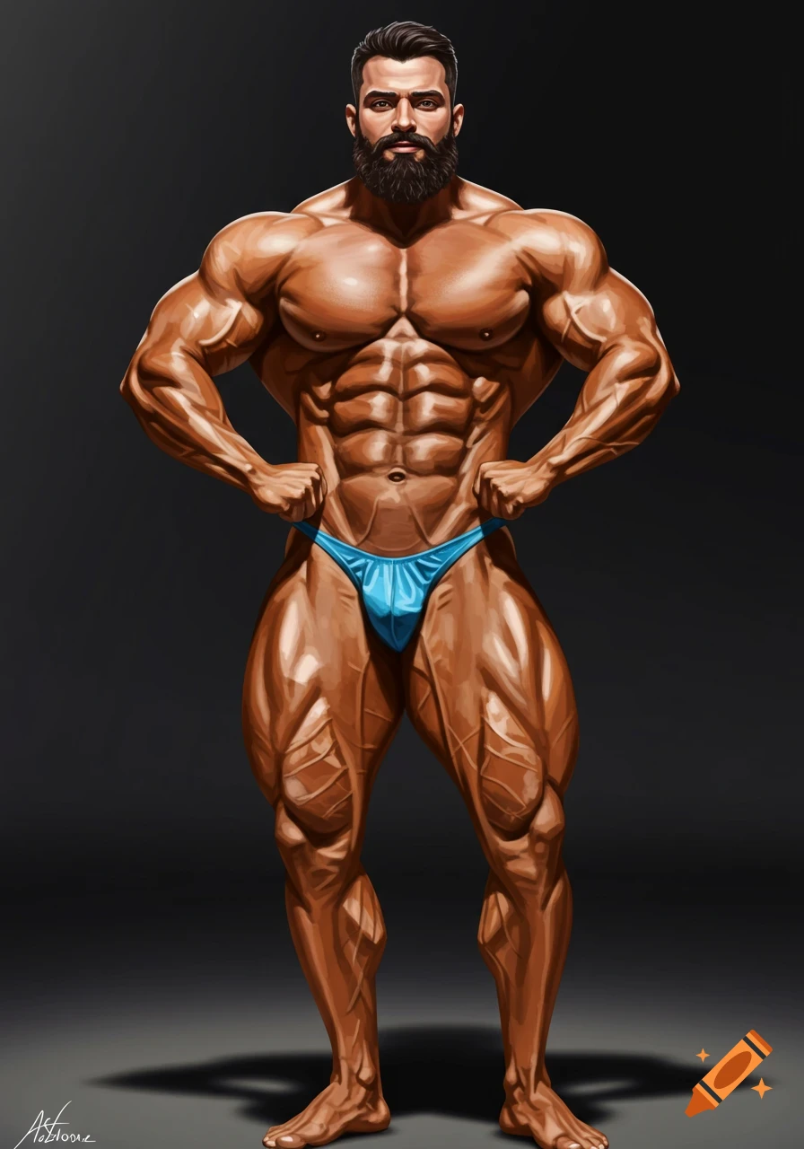 Illustrative portrait of a muscular male bodybuilder with a beard, wearing a blue speedo, posing against a dark background.