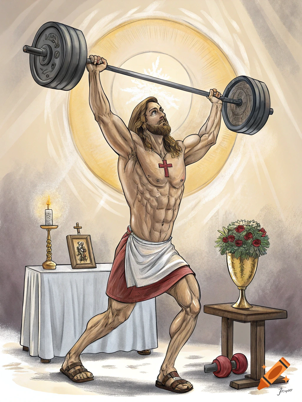 Muscular Jesus lifts a barbell overhead in a stylized illustration with religious elements.