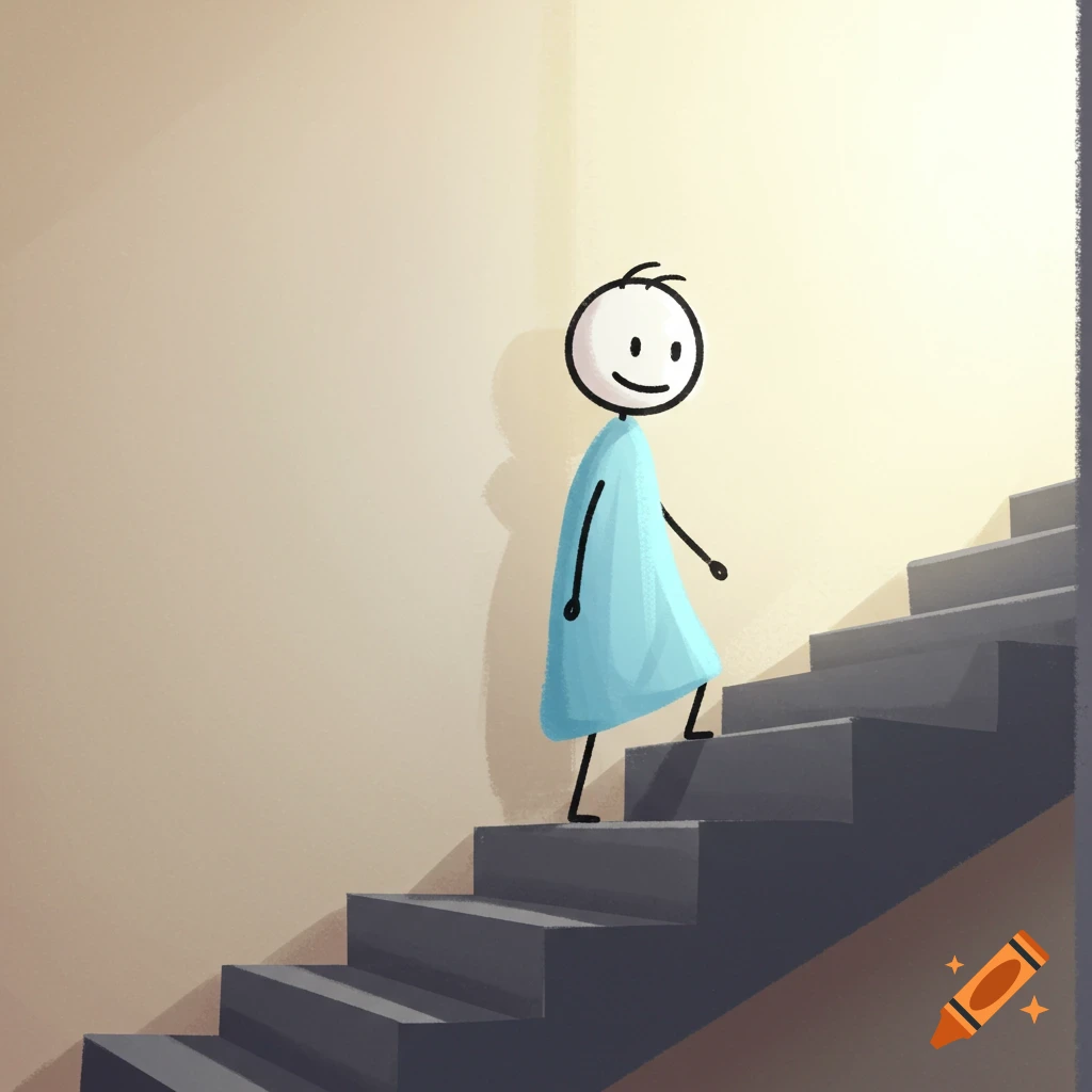 A smiling stick figure in a light blue hospital gown walks up a dark grey staircase.