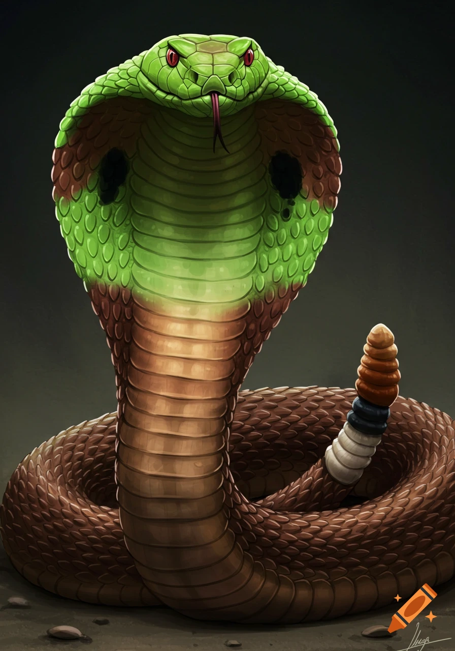 An illustration of a green and brown cobra-rattlesnake hybrid with red eyes.