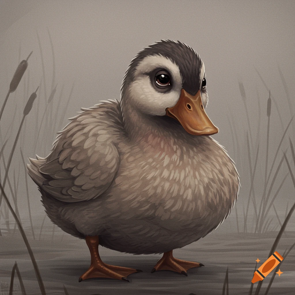 A detailed illustration of a plump, glum duckling standing in shallow water with reeds and cattails in the background.