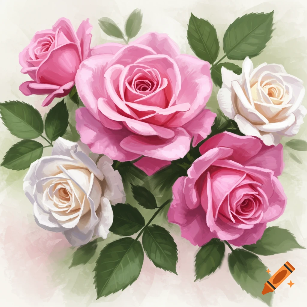 Pink and white roses with green leaves, rendered in a soft watercolor or one-stroke painting style.