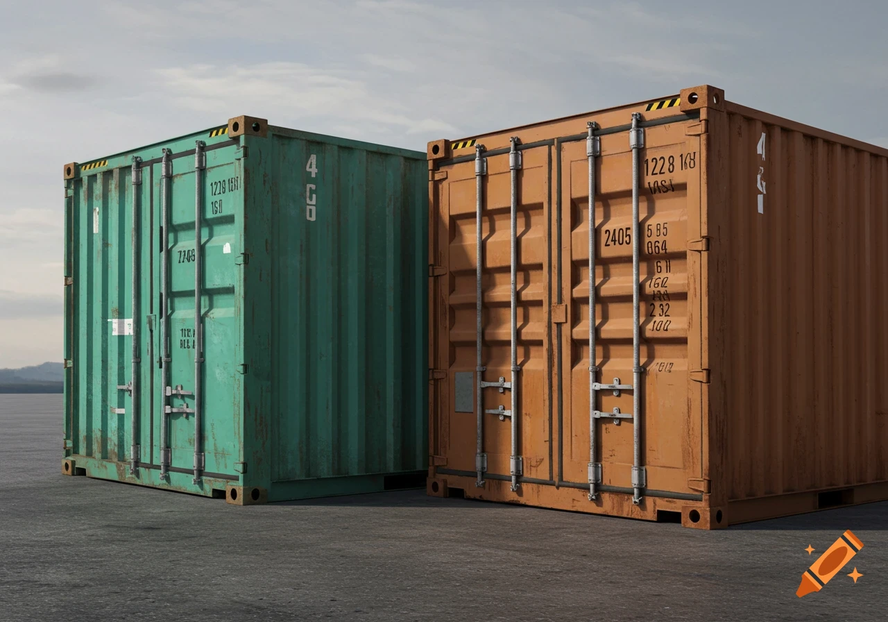 Two photorealistic shipping containers, one teal and one orange, on a flat concrete surface under a cloudy sky.