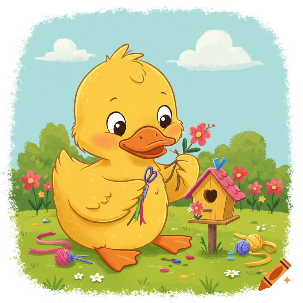 A cute cartoon yellow duckling doing crafts, holding a flower and colorful ribbons in a grassy field with a birdhouse.