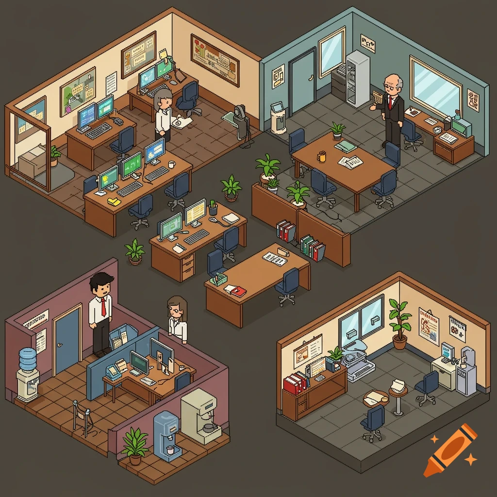 Isometric pixel art view of a corporate office layout with cubicles, desks, computers, meeting rooms, and stylized employees.
