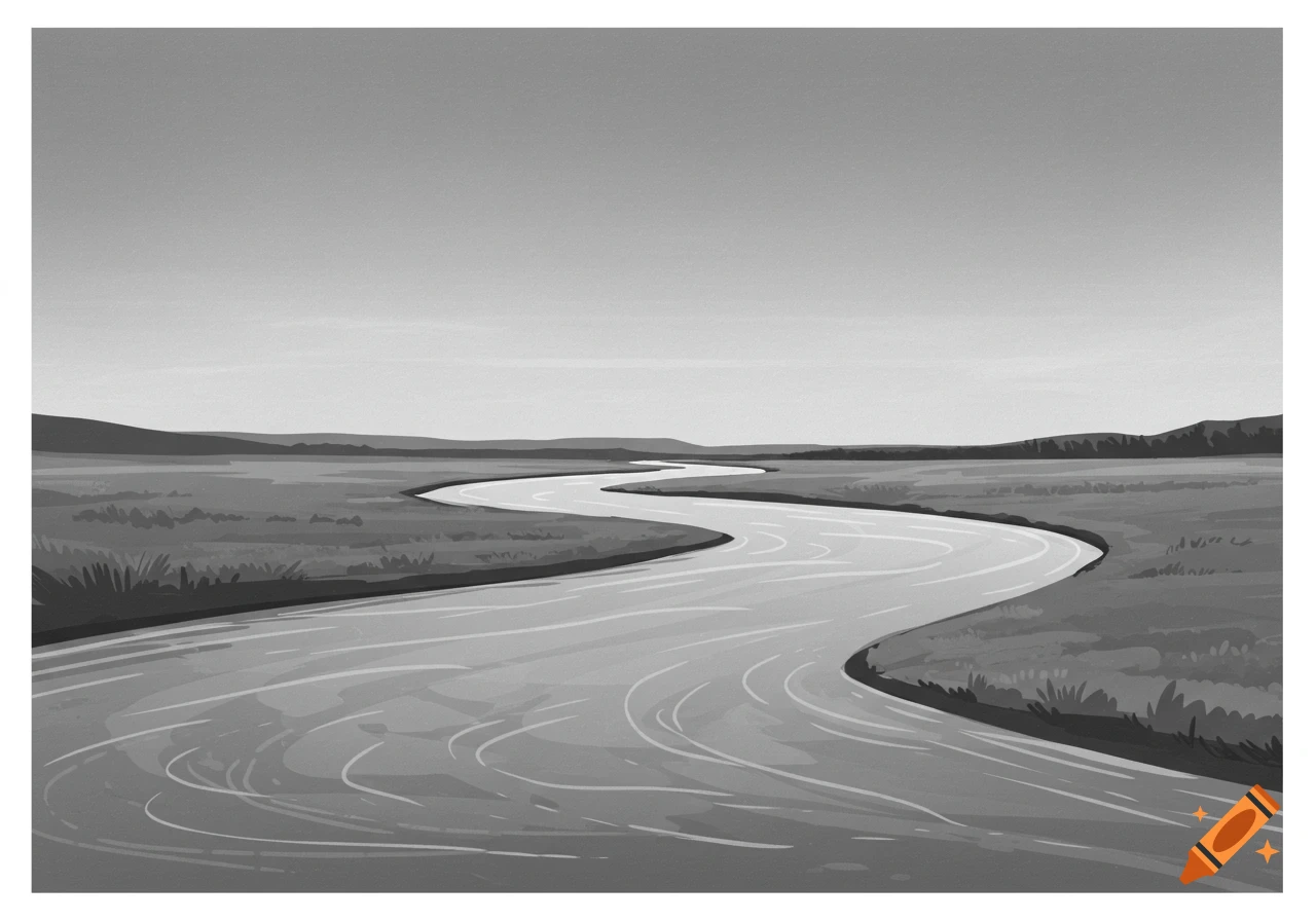 A winding river flows through a simple, cartoon-like grayscale landscape under a clear sky.