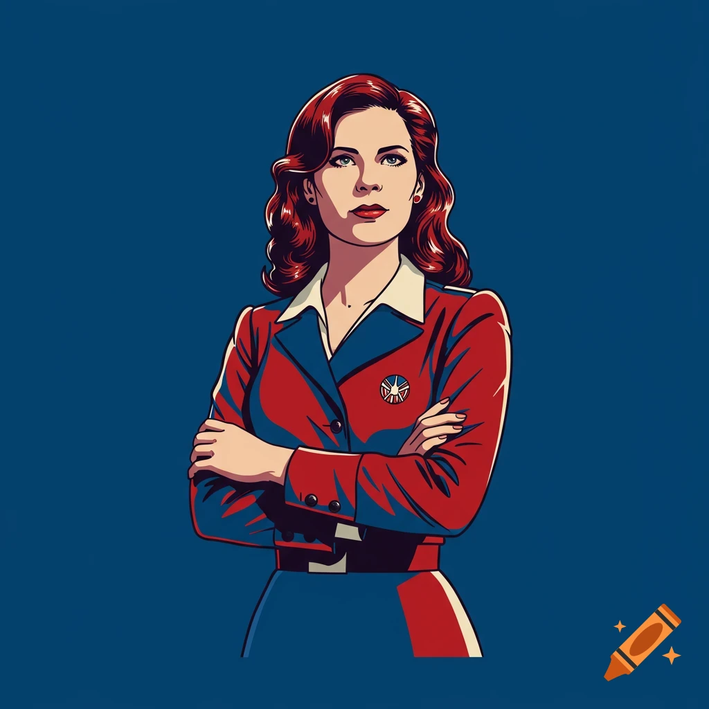 Stylized portrait of Agent Peggy Carter with red hair, in a red, white, and blue uniform, arms crossed, on a blue background.