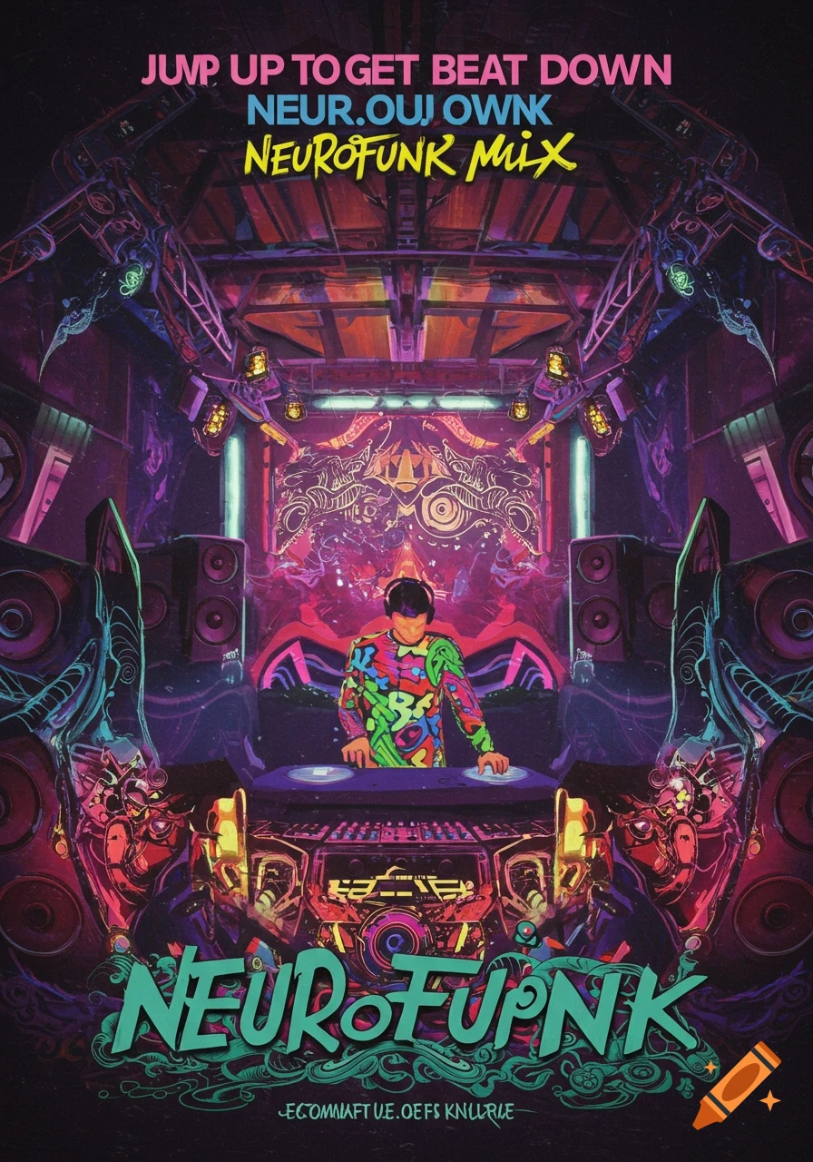 A psychedelic-style poster of a DJ in a vibrant, patterned suit playing in a neon-lit club with abstract patterns and text.