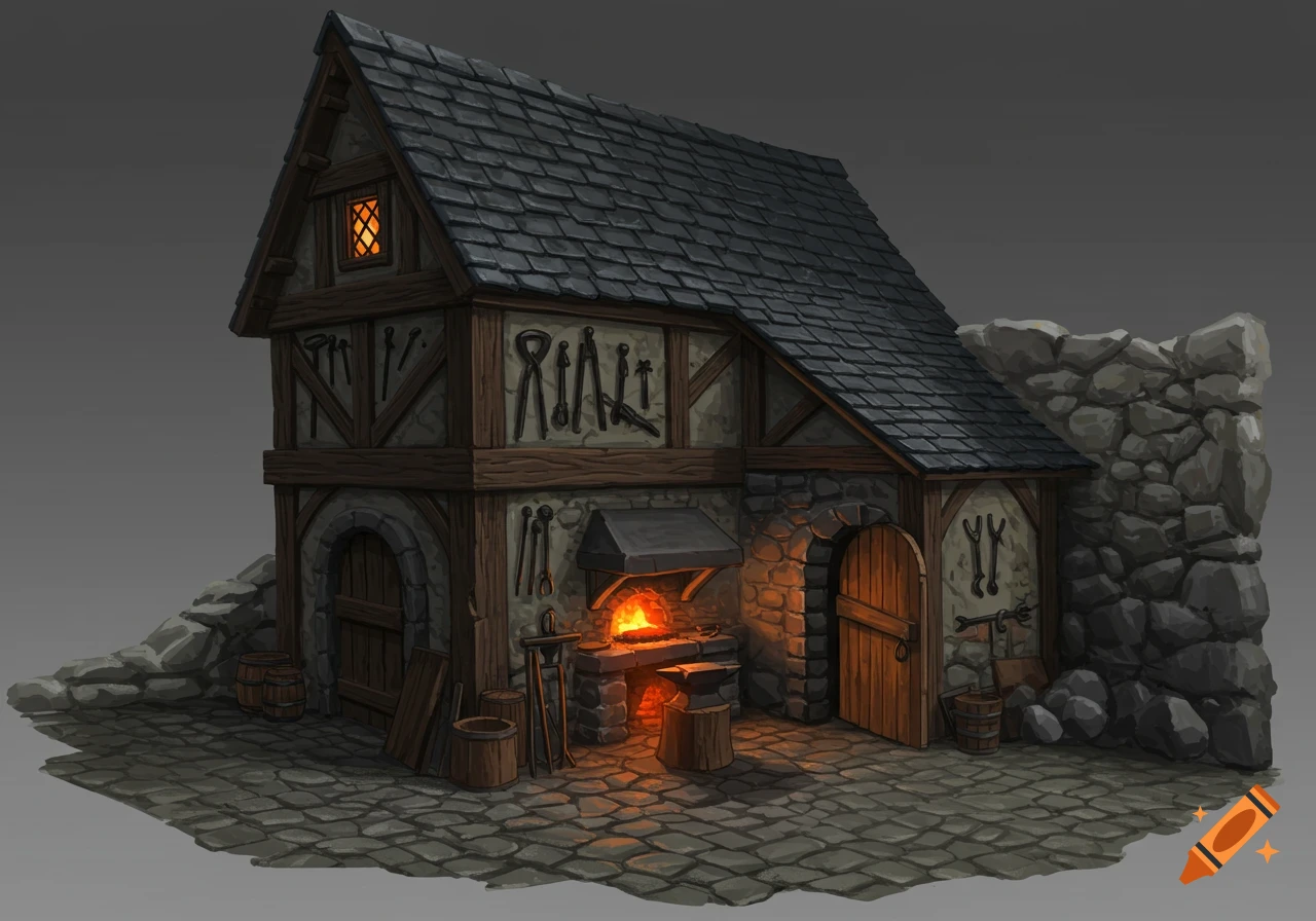 A stylized illustration of a medieval blacksmith's shop with a glowing forge, stone foundation, and tools on the walls.