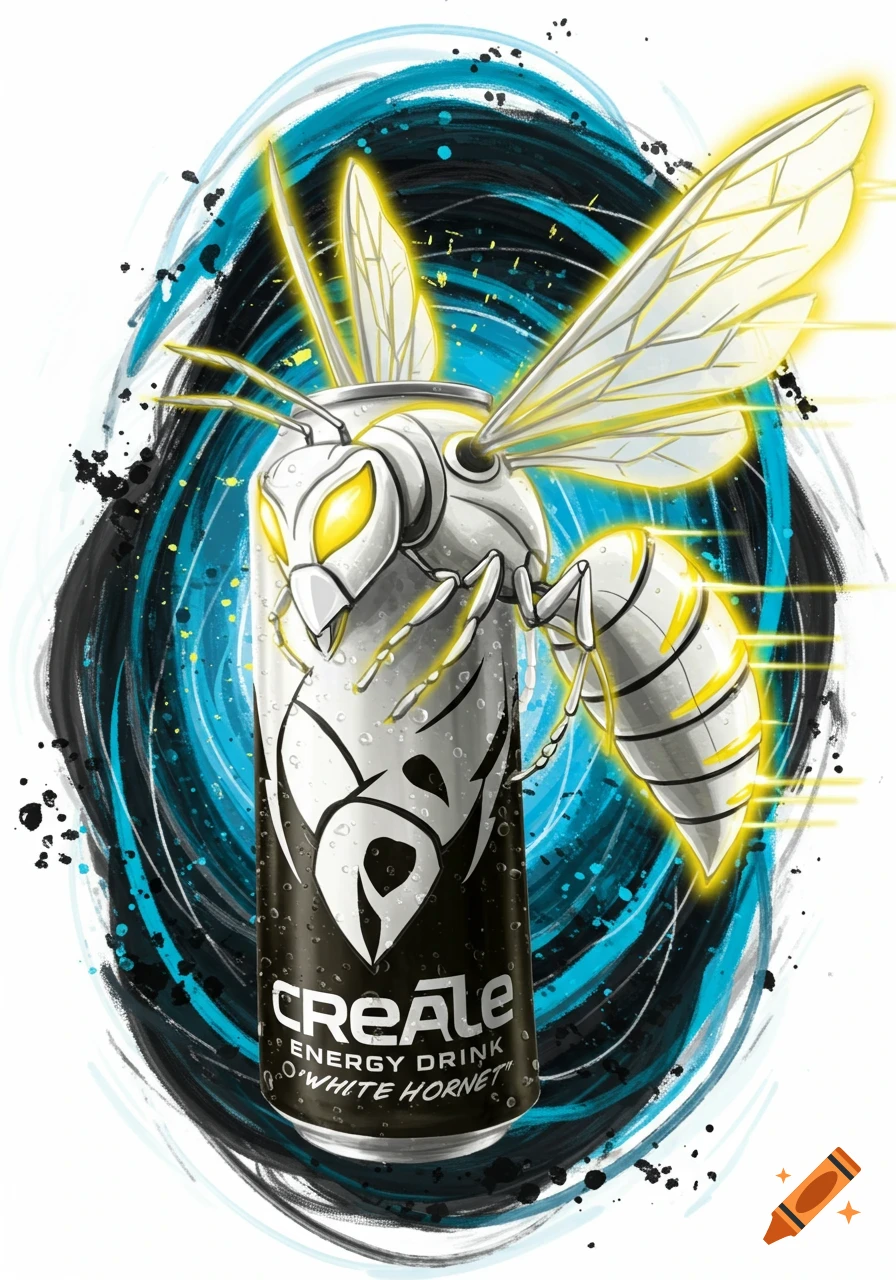 An illustrated black energy drink can with a white hornet emerging, set against a background of blue and black brushstrokes.