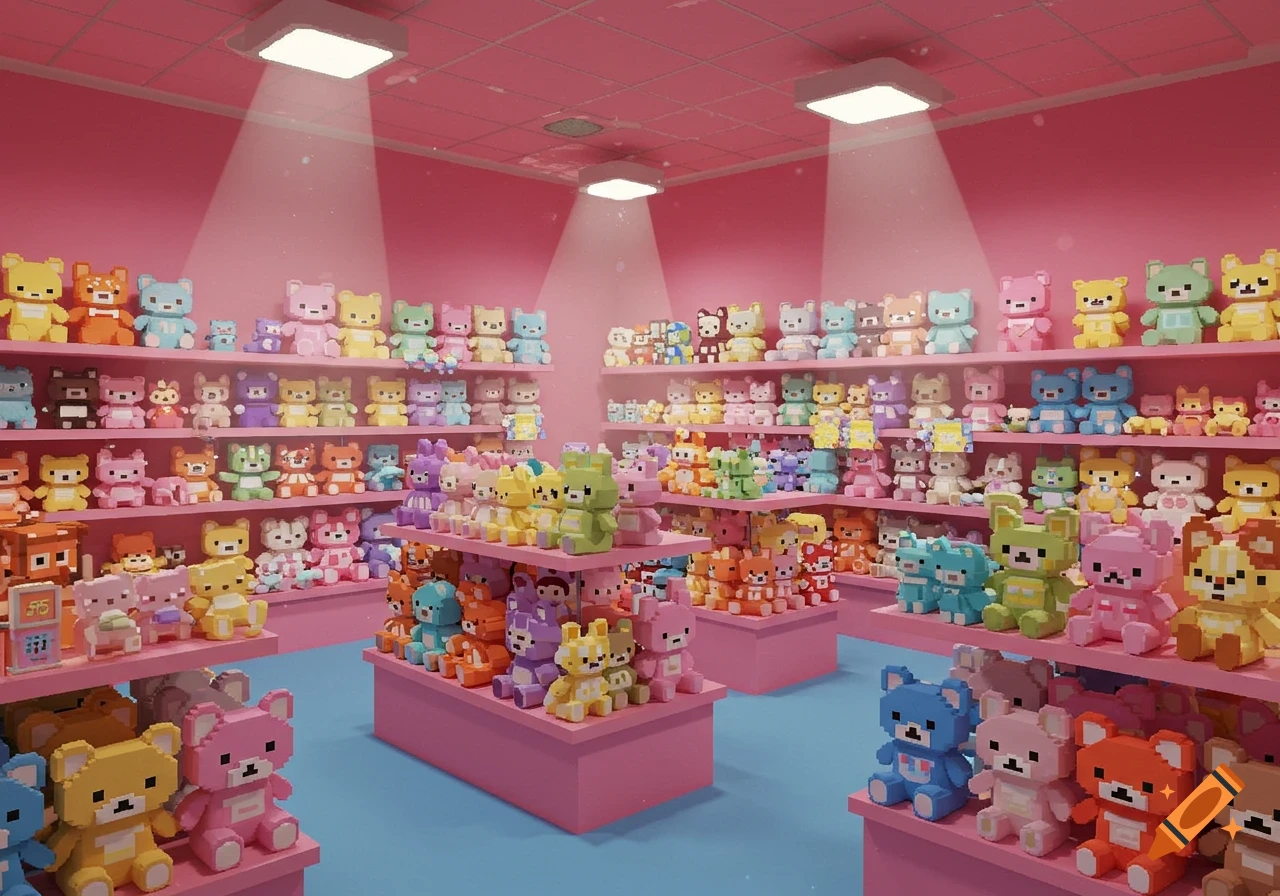A vibrant pink pixelated toy store filled with shelves and displays of colorful block-shaped plush bears.