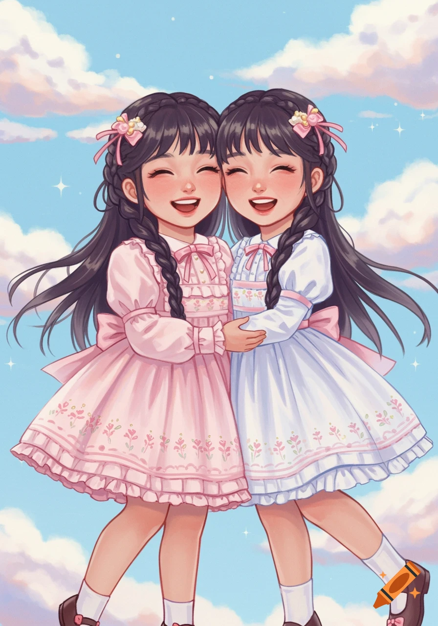 Two happy anime twin girls in pink and white dresses embrace against a blue sky with clouds.